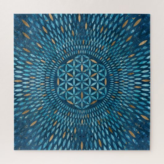 Blume des Lebens in Blütenblättern - Blauer Marmor Puzzle (Vertikal)