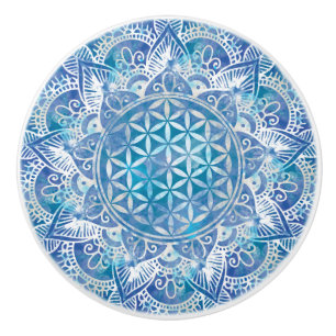 Blume des Lebens in Lotus - Aquarellblau Keramikknauf