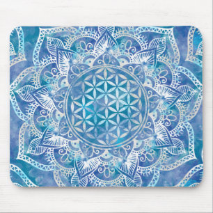 Blume des Lebens in Lotus - Aquarellblau Mousepad