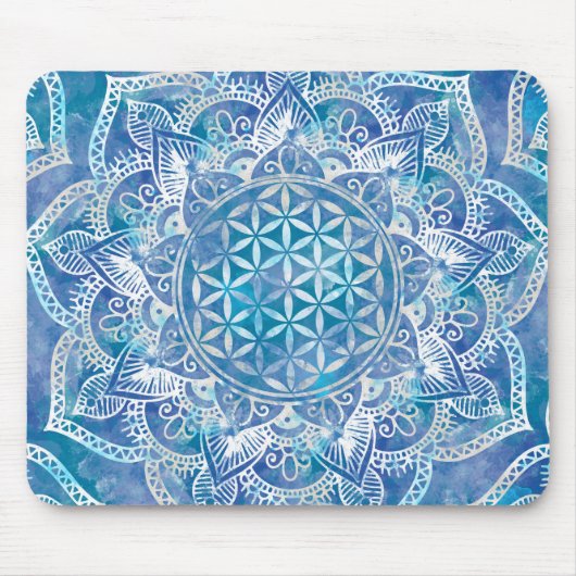 Blume des Lebens in Lotus - Aquarellblau Mousepad (Vorne)