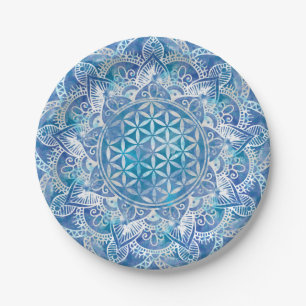 Blume des Lebens in Lotus - Aquarellblau Pappteller