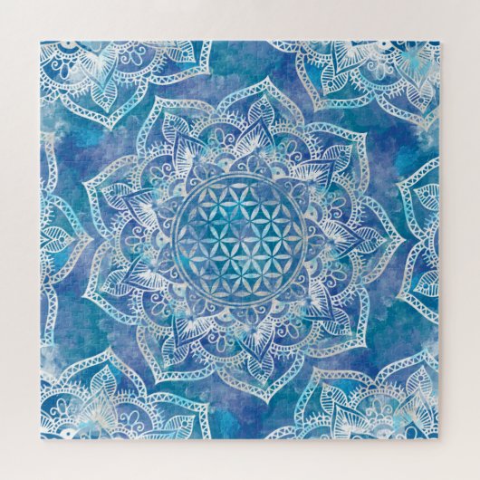 Blume des Lebens in Lotus - Aquarellblau Puzzle (Horizontal)