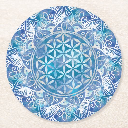 Blume des Lebens in Lotus - Aquarellblau Runder Pappuntersetzer (Vorderseite)