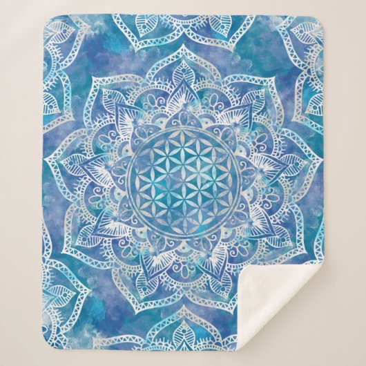 Blume des Lebens in Lotus - Aquarellblau Sherpadecke (Vorderseite)