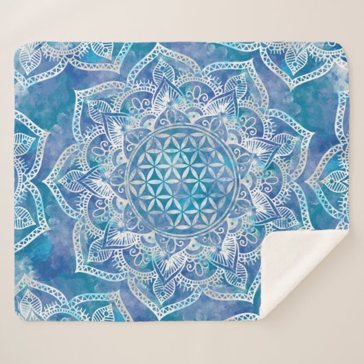Blume des Lebens in Lotus - Aquarellblau Sherpadecke (Vorderseite (Horizontal))