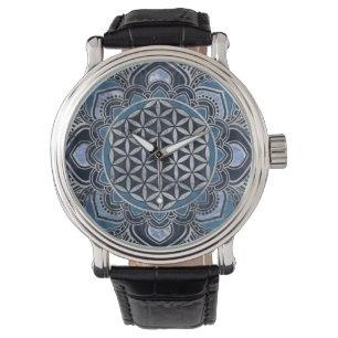 Blume des Lebens in Lotus - Blauer Kristall und Si Armbanduhr