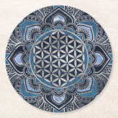 Blume des Lebens in Lotus - Blauer Kristall und Si Runder Pappuntersetzer (Vorderseite)