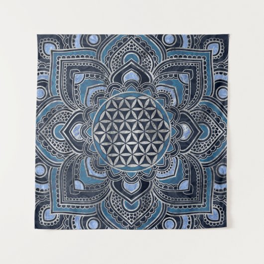 Blume des Lebens in Lotus - Blauer Kristall und Si Wandteppich (Vorderseite (Horizontal))