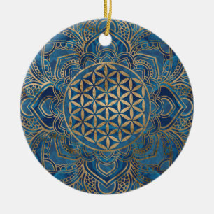 Blume des Lebens in Lotus - Blauer Marmor und Gold Keramik Ornament