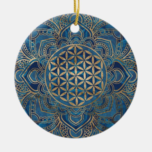 Blume des Lebens in Lotus - Blauer Marmor und Gold Keramik Ornament (Vorne)