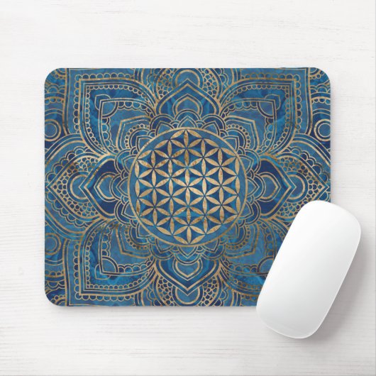Blume des Lebens in Lotus - Blauer Marmor und Gold Mousepad (Mit Mouse)