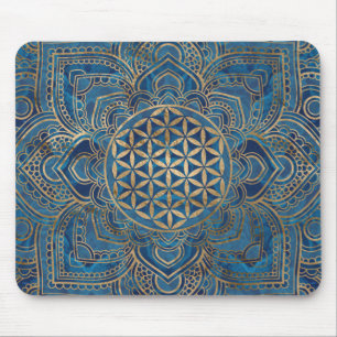 Blume des Lebens in Lotus - Blauer Marmor und Gold Mousepad