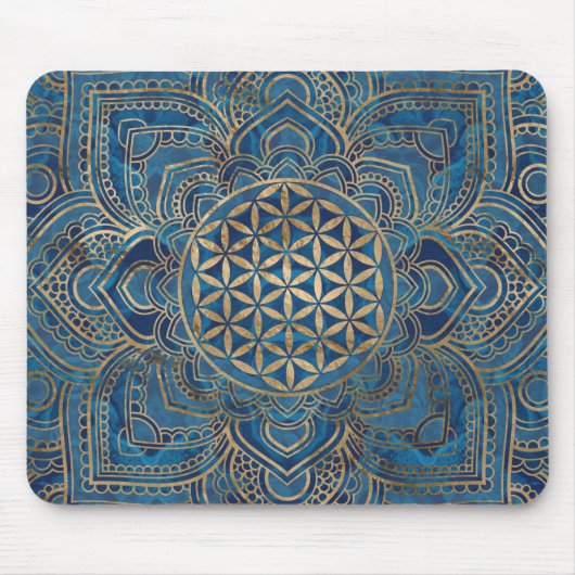Blume des Lebens in Lotus - Blauer Marmor und Gold Mousepad (Vorne)