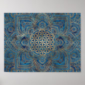 Blume des Lebens in Lotus - Blauer Marmor und Gold Poster (Vorne)
