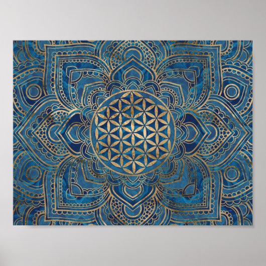 Blume des Lebens in Lotus - Blauer Marmor und Gold Poster (Vorne)