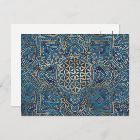 Blume des Lebens in Lotus - Blauer Marmor und Gold Postkarte (Vorne/Hinten)