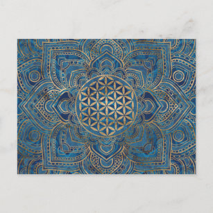 Blume des Lebens in Lotus - Blauer Marmor und Gold Postkarte