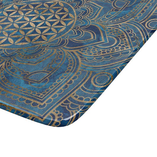 Blume des Lebens in Lotus - Blauer Marmor und Gold Schneidebrett (Ecke)