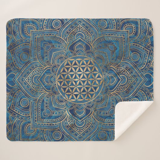 Blume des Lebens in Lotus - Blauer Marmor und Gold Sherpadecke (Vorderseite (Horizontal))