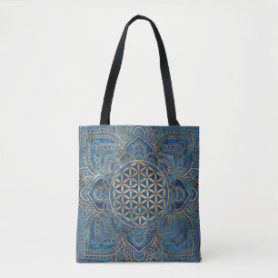 Blume des Lebens in Lotus - Blauer Marmor und Gold Tasche
