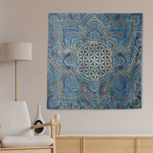 Blume des Lebens in Lotus - Blauer Marmor und Gold Wandteppich