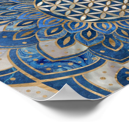 Blume des Lebens in Lotus - Blauer Marmor und Perl Poster (Ecke)