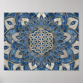 Blume des Lebens in Lotus - Blauer Marmor und Perl Poster (Vorne)