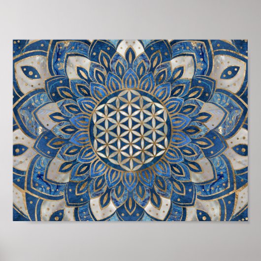 Blume des Lebens in Lotus - Blauer Marmor und Perl Poster (Vorne)
