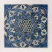 Blume des Lebens in Lotus - Blauer Marmor und Perl Puzzle (Horizontal)
