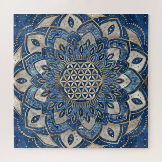 Blume des Lebens in Lotus - Blauer Marmor und Perl Puzzle (Horizontal)