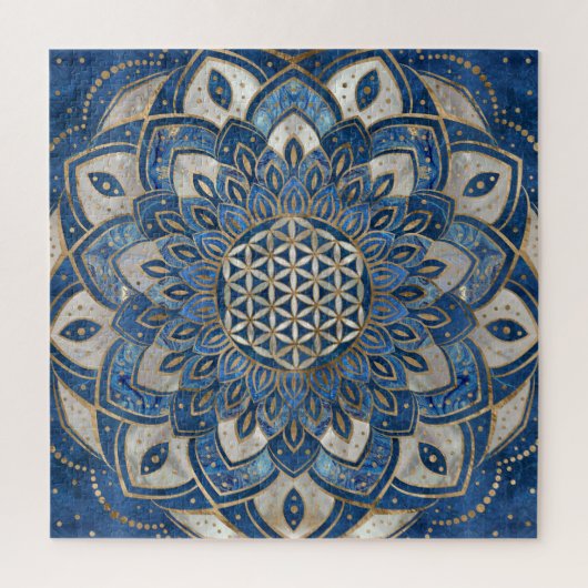 Blume des Lebens in Lotus - Blauer Marmor und Perl Puzzle (Vertikal)