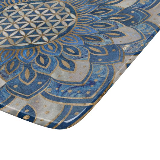 Blume des Lebens in Lotus - Blauer Marmor und Perl Schneidebrett (Ecke)