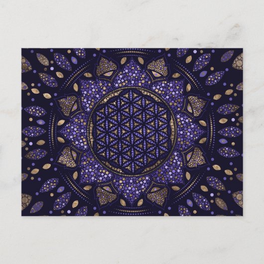 Blume des Lebens in Lotus Dot Art Purples and gold Postkarte (Vorderseite)