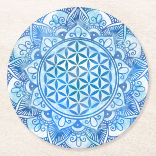 Blume des Lebens in Lotus - Gentle Sky Blue Runder Pappuntersetzer