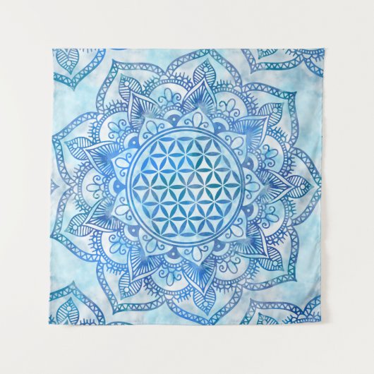 Blume des Lebens in Lotus - Gentle Sky Blue Wandteppich (Vorderseite (Horizontal))