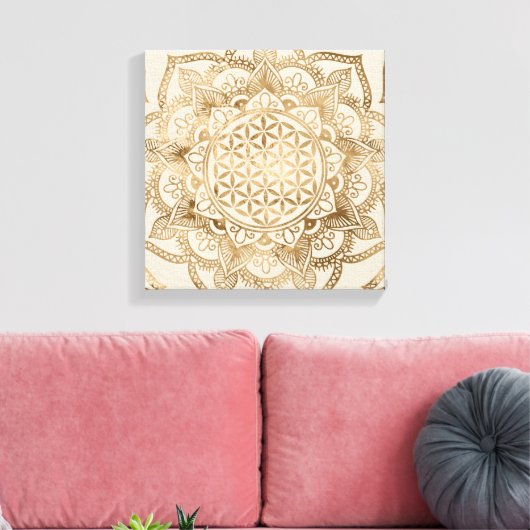 Blume des Lebens in Lotus - Pastellgolden und Lein Leinwanddruck (Insitu (Wohnzimmer))