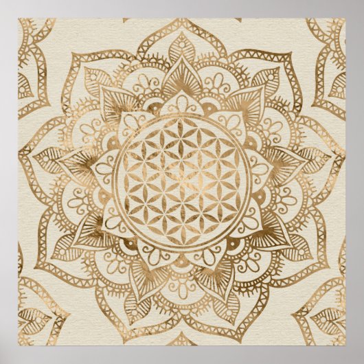 Blume des Lebens in Lotus - Pastellgolden und Lein Poster (Vorne)