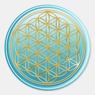 Blume des Lebens / Lebensgefühl - GOLD Cyan Runder Aufkleber