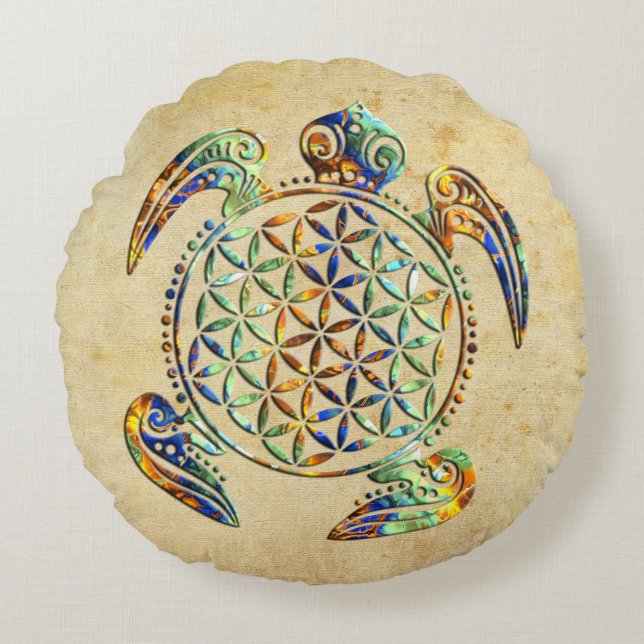 Blume des Lebens / Lebensgefühl - Schildkröte Rundes Kissen (Vorderseite)