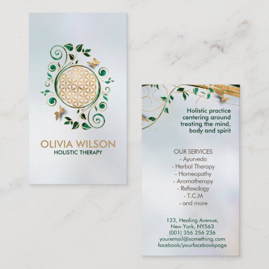 Blume des Lebens - Malachite Swirl und Schmetterli Visitenkarte (Vorne/Hinten)