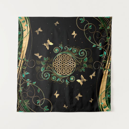 Blume des Lebens - Malachite Swirl und Schmetterli Wandteppich (Vorderseite (Horizontal))