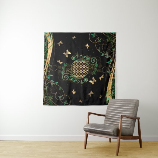 Blume des Lebens - Malachite Swirl und Schmetterli Wandteppich (Beispiel (Horizontal))