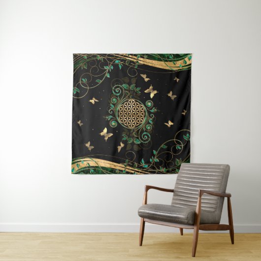 Blume des Lebens - Malachite Swirl und Schmetterli Wandteppich (Beispiel)