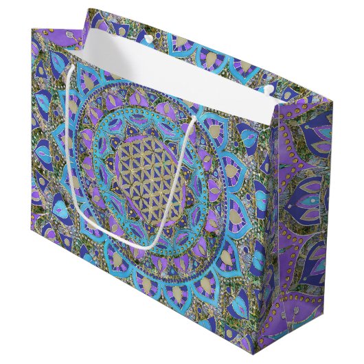 Blume des Lebens - Mandala Indien Stil 2 Große Geschenktüte (Vorderseite Schrägansicht)