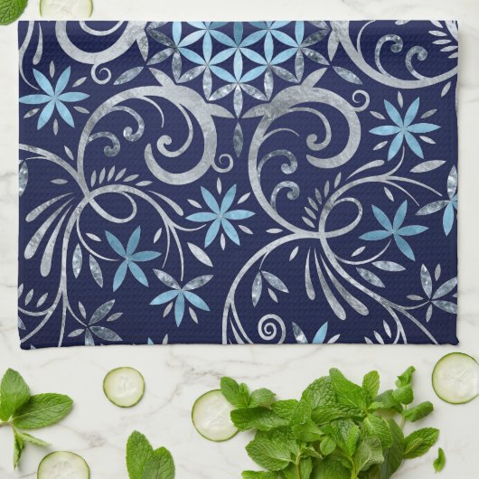 Blume des Lebens Mandala - Silberblau Geschirrtuch (Gefaltet)