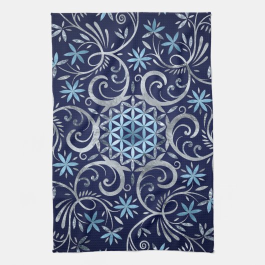 Blume des Lebens Mandala - Silberblau Geschirrtuch (Vertikal)
