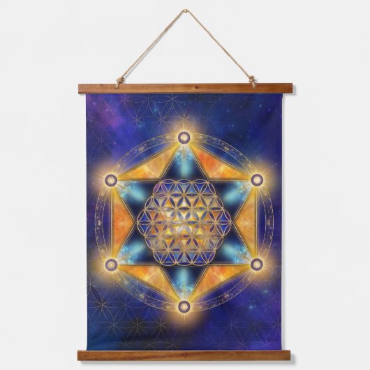 Blume des Lebens Merkaba Stern - Heilige Geometrie Wandteppich Mit Holzrahmen (Vorderseite)