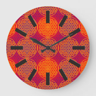 Blume des Lebens - Muster der Briefmarke - orange- Große Wanduhr