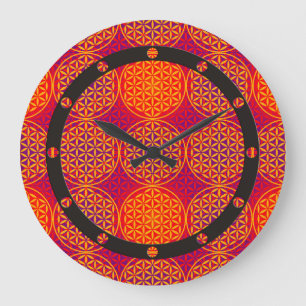 Blume des Lebens - Muster der Briefmarke - orangef Große Wanduhr