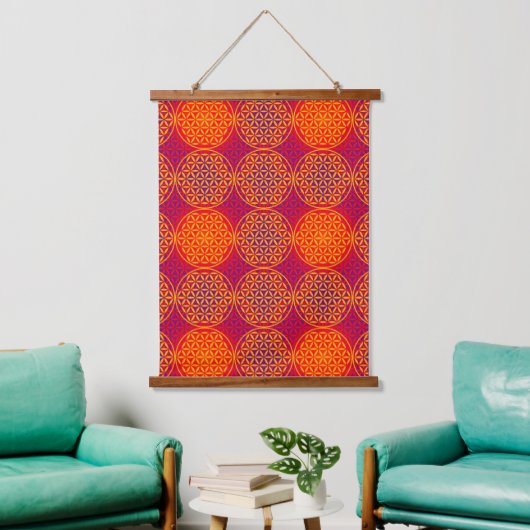 BLUME DES LEBENS - orangefarbenes Muster Wandteppich Mit Holzrahmen (Wohnzimmer)